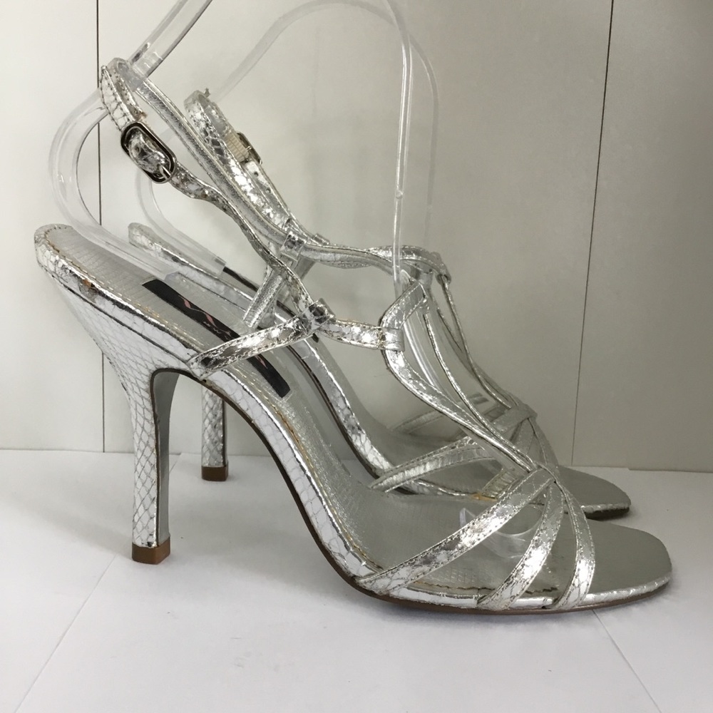 Women's Nina Silver Metallic Open Toe Ankle Strap Evening Sandals/Heels Size 7.5